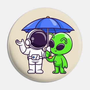 Cute Astronaut And Alien Standing Under Umbrella Cartoon Pin