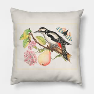 Bird Perched on a Branch with a Pear, Blossoms, and Leaves (18th Century) Pillow