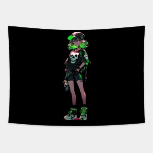 Girl with green hair and a baseball cap, dark neon punk Tapestry