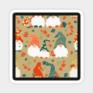 Autumn Gnomes with Long White Beards and Knitted Hats on Green Background Magnet