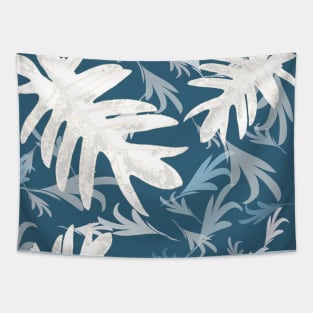 Trio palm leaves white on blue 2 tropical fall TeePublic Tapestry