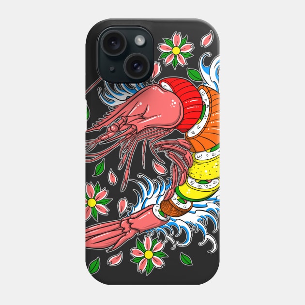 Shrimp Roll - Japanese Style Tattoo Shrimp w/ Rainbow Roll Sushi Phone Case by karbondream