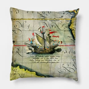 Magellans ship Victoria, Antique Map Pacific Ocean 1589 Pillow