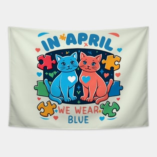 In April We Wear Blue Autism Awareness Month Cute Cats Tapestry