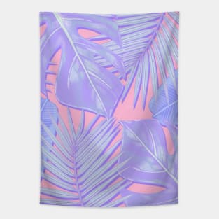 Monstera, Spider Palm, Tropical Leaves, Pastel Purple and Pink Tapestry