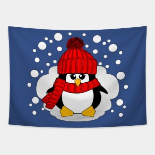 Christmas Penguin with Red Hat and Scarf Tapestry