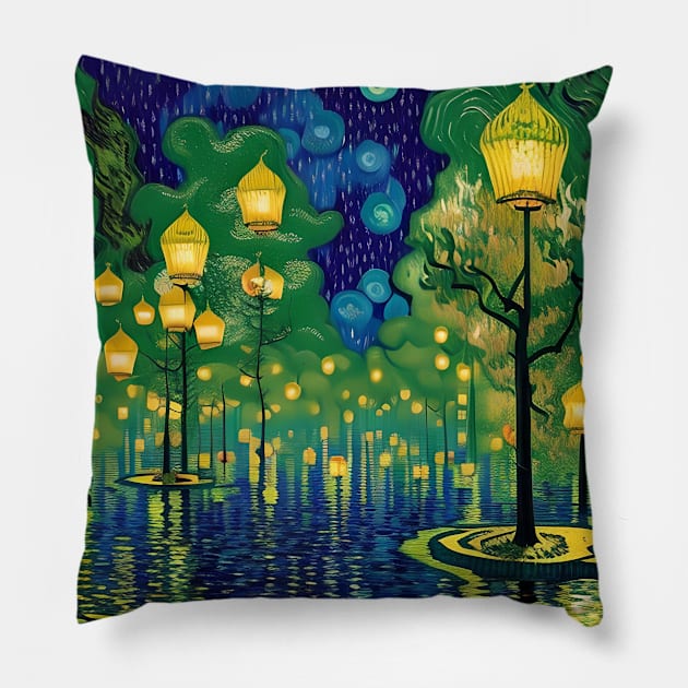 Magic Lantern Lighting Lake Water Pond Reflection Watercolor Pillow by The Little Store Of Magic