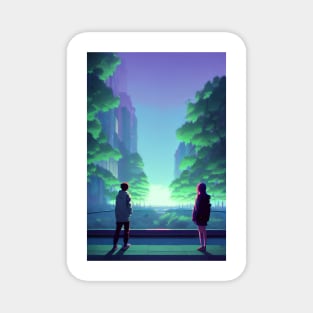 A Couple in Bridge Lofi Scenario Anime Landscape Magnet