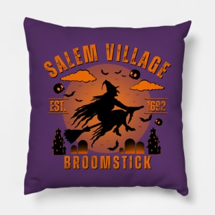 Salem Village Broomstick Vintage Spooky Halloween Design Pillow