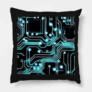Cyberpunk neon blue futuristic circuitboard wires pattern Pillow