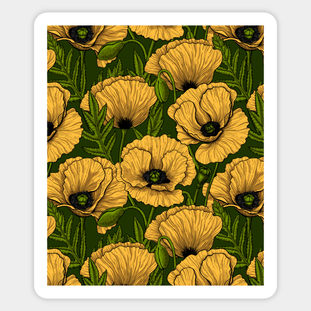 Yellow poppy garden on dark green - Poppies - Sticker