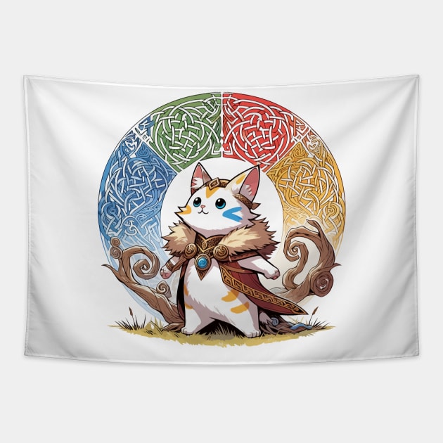 Kawaii Viking Warrior Cat Norse Mythology Anime Portrait Tapestry by TomFrontierArt