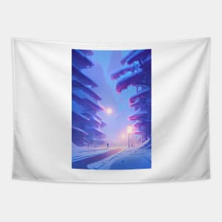 Anime Snowy Street Lights Christmas Landscape Tapestry