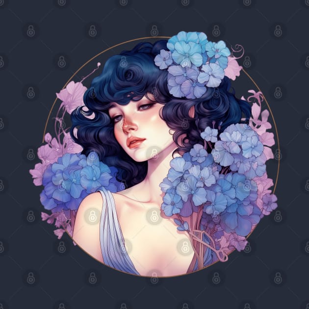 A Bouquet of Hydrangea- Beautiful Woman, Mucha, Art Nouveau by AllRealities