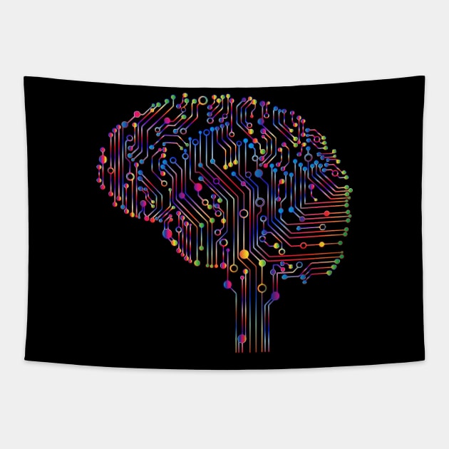 Colorful circuit digital computer brain Tapestry by All About Nerds