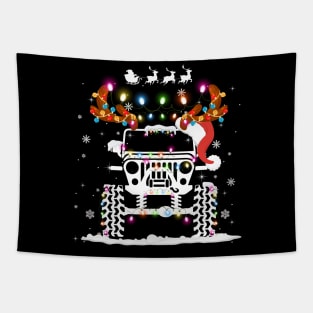 Jeep Christmas Lights Xmas Tree Reindeer, Funny jeep reindeer christmas tree lights parade Tapestry