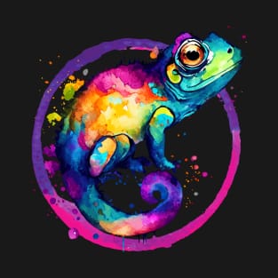 Colorful Chameleon Watercolor Splash Art Print - Pink T-Shirt