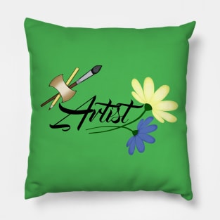 Artist. Drawing of two flowers, blue and yellow. Paint brush and pencil Pillow