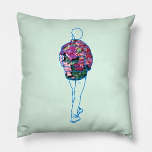 He's walking away, in his floral printed puffer jacket. Pillow