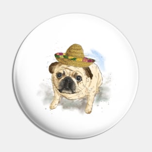 Pet portrait of Pug dog wearing Mexican hat. Watercolor painting Pin