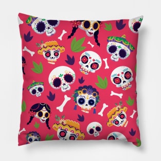 Brightly Colored Skulls Halloween pattern Pillow