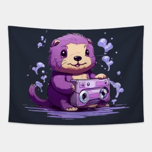 Cute sea otter listen music on the Purple tape cassette Tapestry