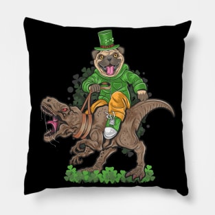 Funny Pug With Leprechaun Costume Riding a T-rex St. Patrick's Day Gift Pillow