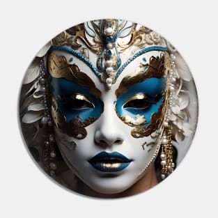 Incognito woman in white gold Venetian opera mask Pin