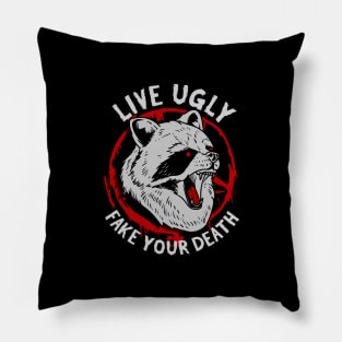 Live Ugly Fake Your Death - Satanic Raccoon T-Shirt Pillow