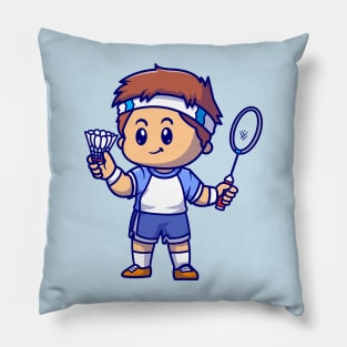 Cute Boy Playing Badminton Cartoon Pillow