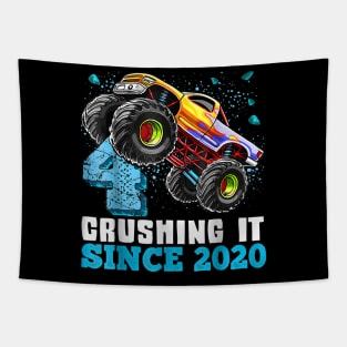 4 Crushing It Since 2020 Monster Truck 4th Birthday Gift Boy Tapestry