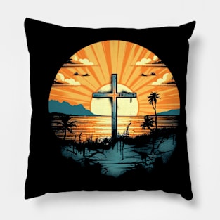 Christian Cross Retro Sunset Pillow