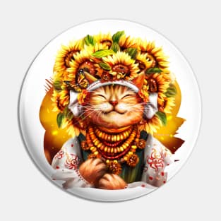 Ukrainian cat in folk costume, wearing a wreath of sunflowers, basking in the sun Pin