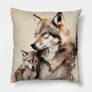 Watercolor Illustration of Wolf Mother with a Baby Pillow