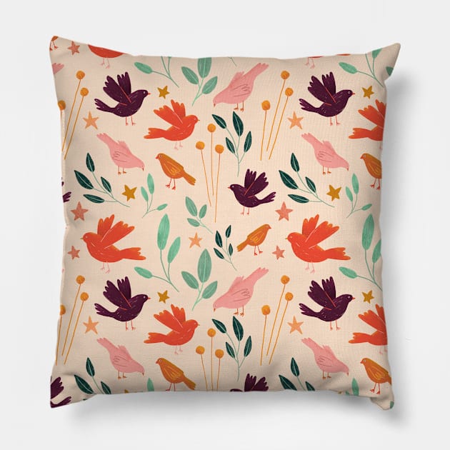 Birds in a Field Pillow by MollyFergusonArt