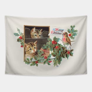 Cute Christmas Kitten Cats Vintage Greeting Card Tapestry