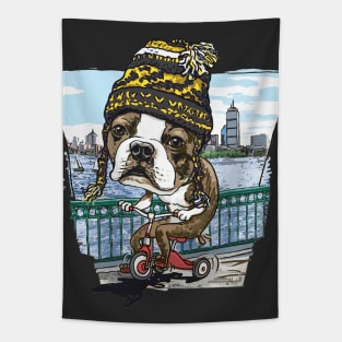 Boston Terrier Dog with Black and Yellow Winter Beanie Tapestry