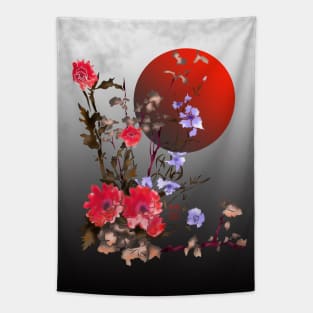 red watercolor sumiE flowers with a blood moon Tapestry