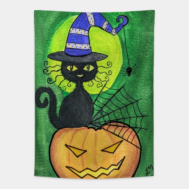 Black cat in purple witch hat on Jack o lantern gouache painting Tapestry by Starlight Tales