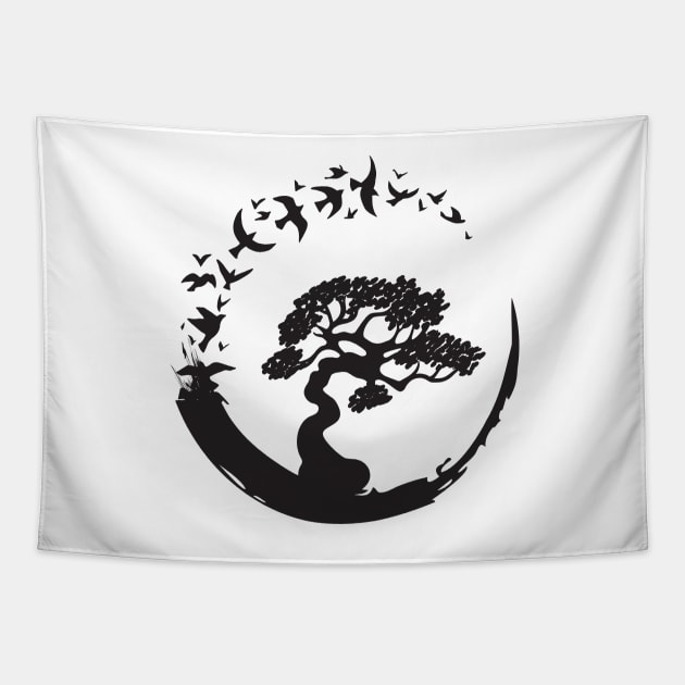 Bonsai Tree in Enso Circle Birds Tee Tapestry by mstory