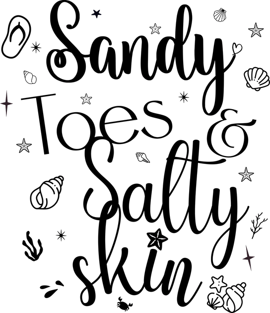 Sandy toes & salty skin; beach; ocean; sea; holiday; summer; beach life; beach vacay; island; tropical; beach lover; beach babe; seaside; vacation; shells; sand; salt; water; water baby; mermaid; starfish; Kids T-Shirt by Be my good time