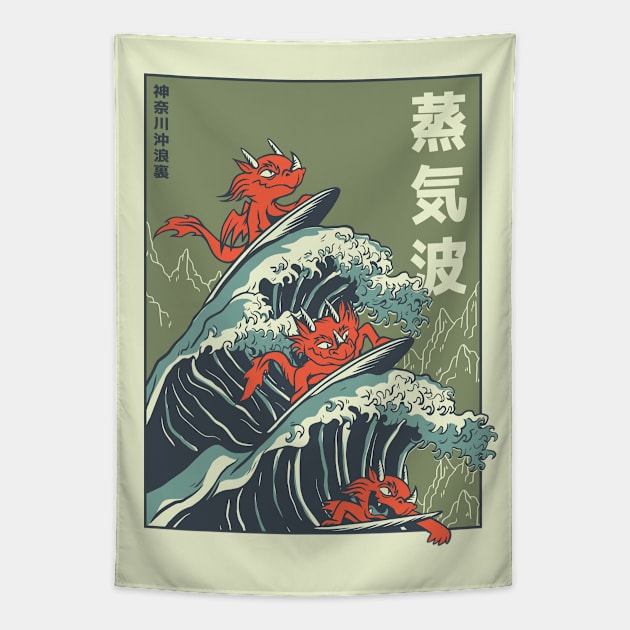 Retro Surfing Dragons on Great Wave Tapestry by SLAG_Creative