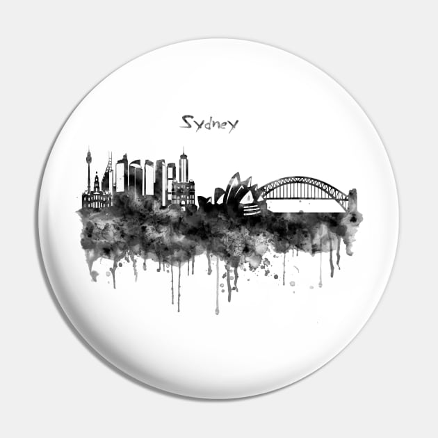 Sydney Black and White Watercolor Skyline Pin by Marian Voicu