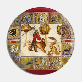 ARTHURIAN LEGENDS ,YWAIN AND HIS LION FIGHTING A DRAGON Medieval Miniature Pin