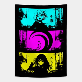 Lycoris recoil anime characters Chisato nishikigi and Takina inoue with lycoris recoil logo and their names in japan text Cyan Magenta Yellow Grunge distressed design Tapestry