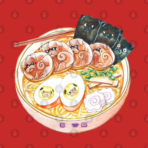 Ramen Pugs Watercolor by huebucket