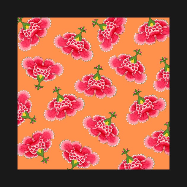 Chinese Vintage Pink and Red Flowers with Orange - Hong Kong Traditional Floral Pattern by CRAFTY BITCH