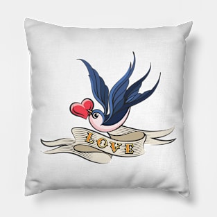Swallow with Heart and Ribbon Tattoo Pillow