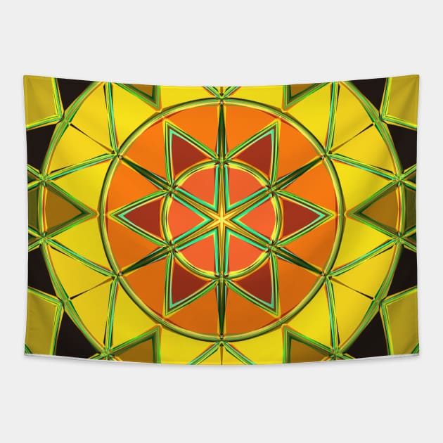 Cartoon Mandala Yellow Orange and Green Tapestry by WormholeOrbital