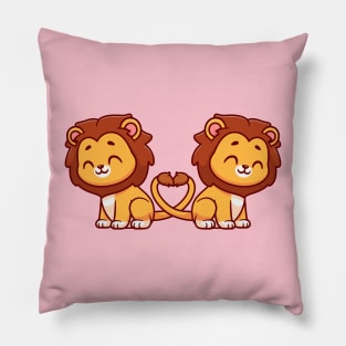 Cute Lion Couple With Love Heart Tail Cartoon Pillow